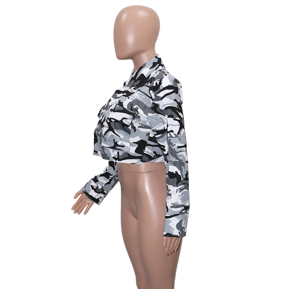 Women'S Long Casual Fashion Camouflage Print Big Pocket Turndown Collar Short Jacket 21