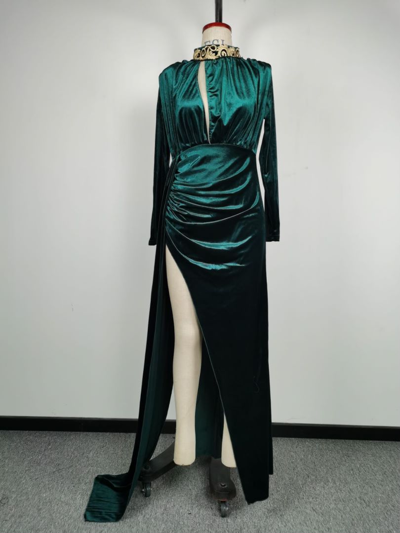 Autumn Winter Women clothes Velvet High Neck Sexy Hollow Out Slit Evening Dress 8