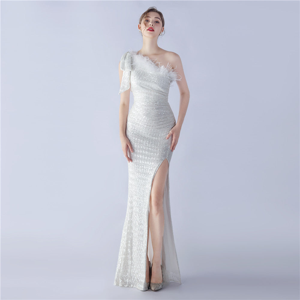Elegant Feather High-End Sequined One-Shoulder Evening Dress 17