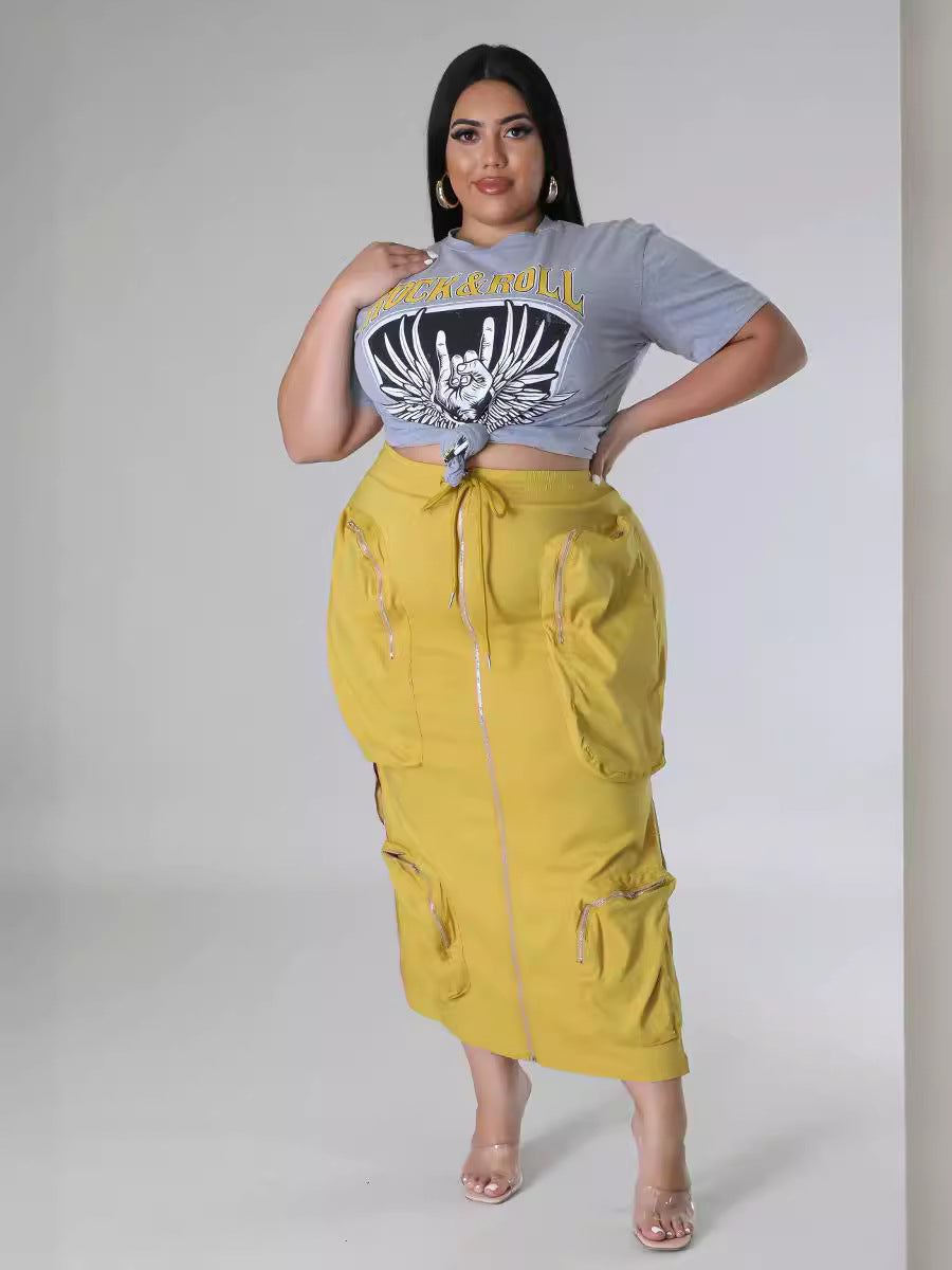 Plus Size Women Waist Cord Zipper Cargo Skirt