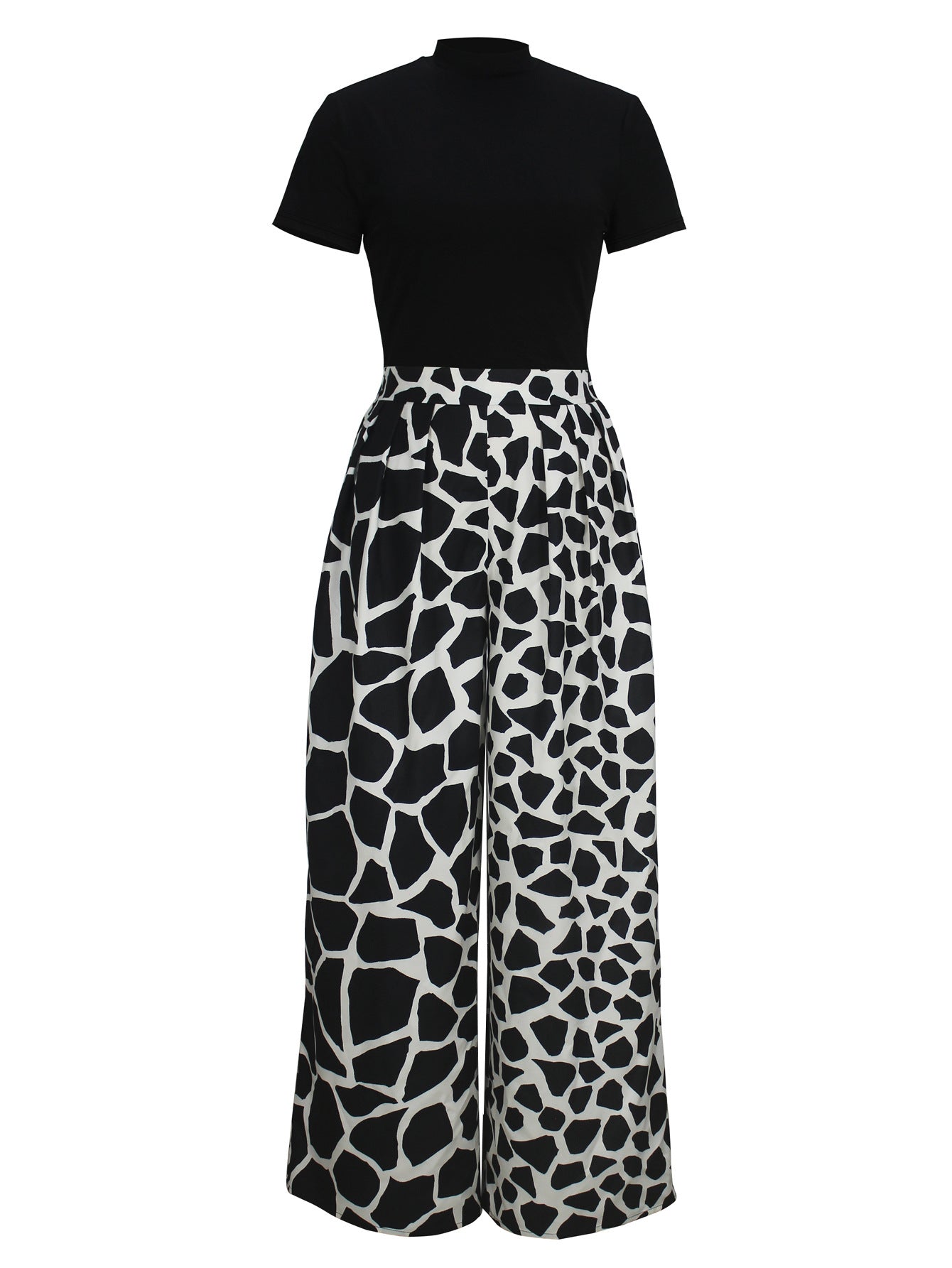 Women's Elegant Round-Neck Short-Sleeve High-Waist A-Line Trousers Casual Two Piece Set 10