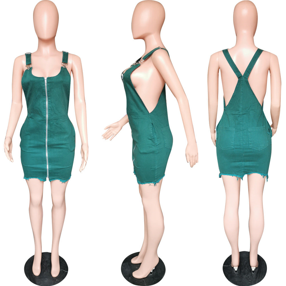 Women's Clothing Denim Solid Color Straps Buckle Zipper Dress Casual Mini Dress 6