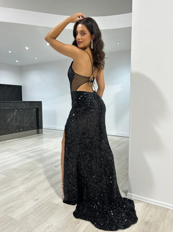 Chic Sexy Strap Sequin Slit Formal Party Dress 9