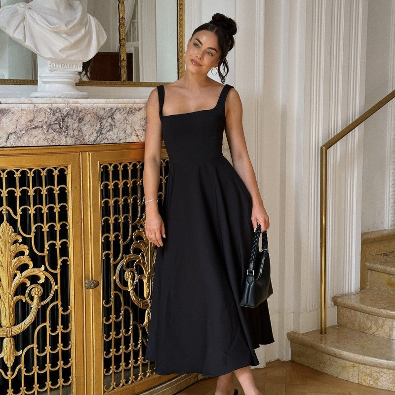 Spring Summer Square Neck Sleeveless Slim Waist Strap Dress 3