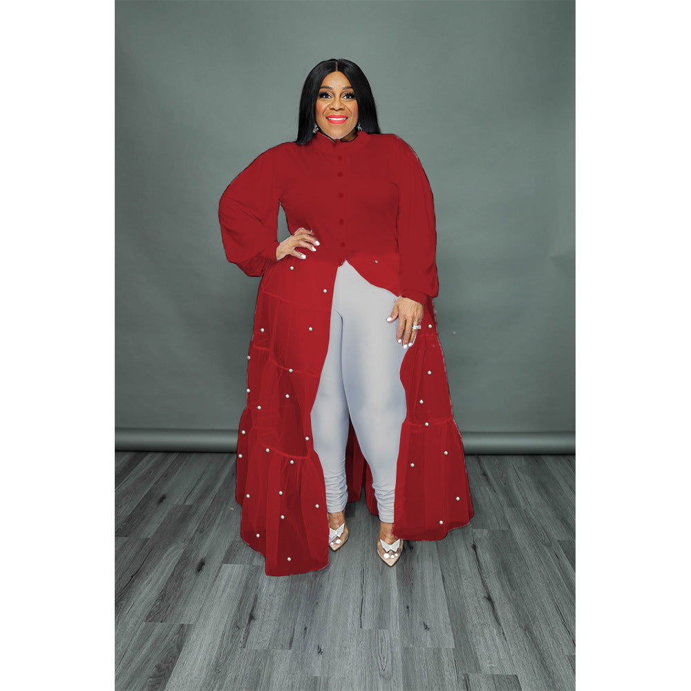 Plus Size Women's Black Pearl Mesh Patchwork Dress 11