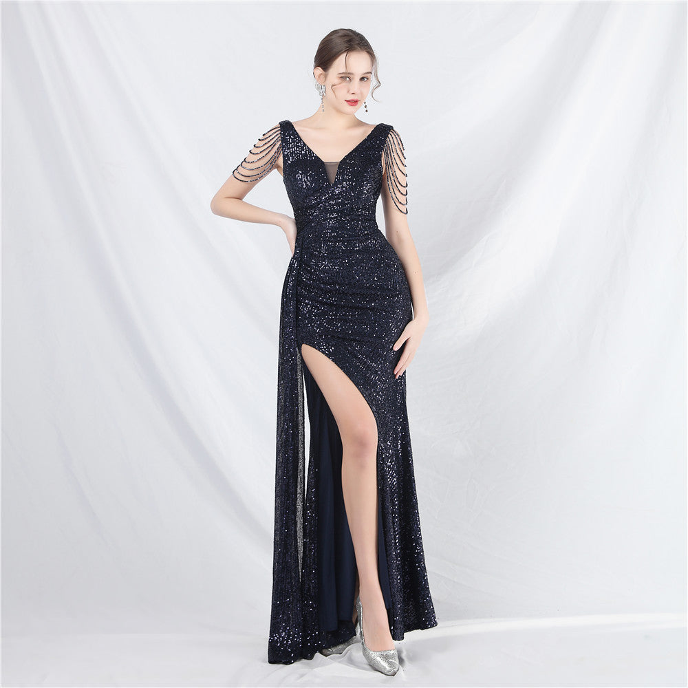 Luxury Sequin Rhinestone Chain Slit Long Evening Dress 7