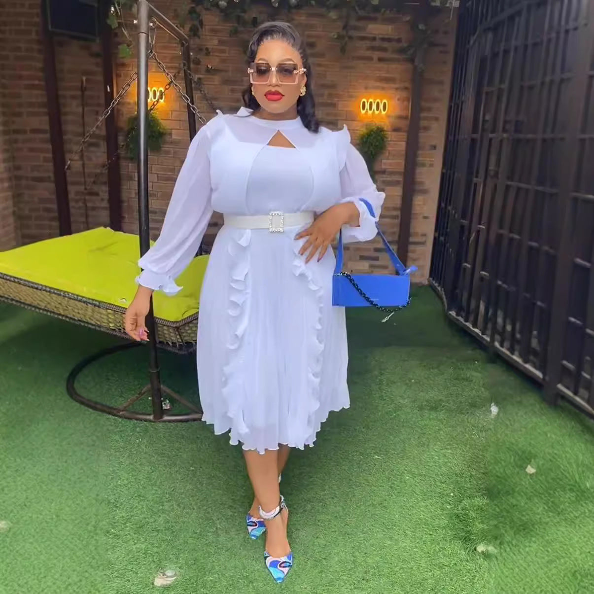 Plus Size Women's Africa Solid Color Autumn High Waist Slim Fit Ruffle Dress 8