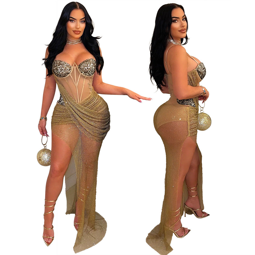 Strap Solid Color Beaded Mesh Irregular See-Through Women's Sexy Bodycon Dress 5