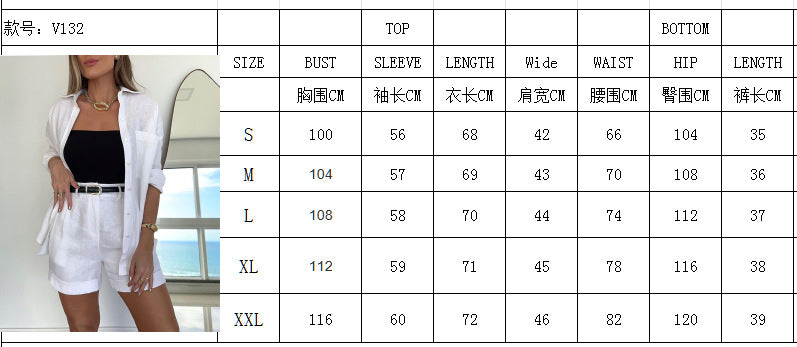 Women's Autumn Solid Color Fashion Linen Long Sleeve Shirt Belt Shorts Women's Suit 9