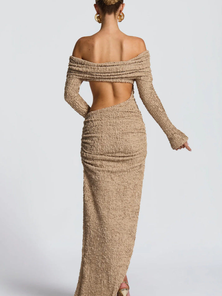 Long Sleeve Waist Cut-Out Off Shoulder High Slit Textured Dress 6