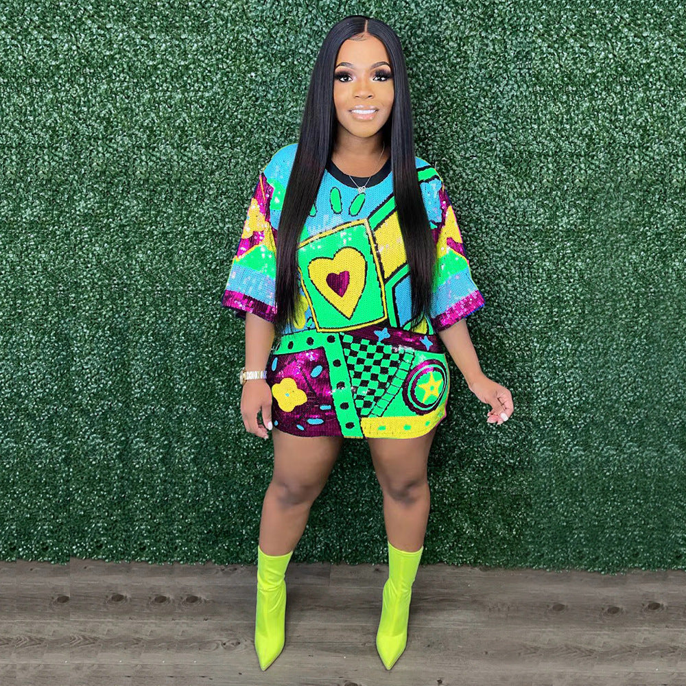 Trendy Round Neck Half Sleeve Loose Sequin Print Party Sequined Nightclub Style Women's Dress 4