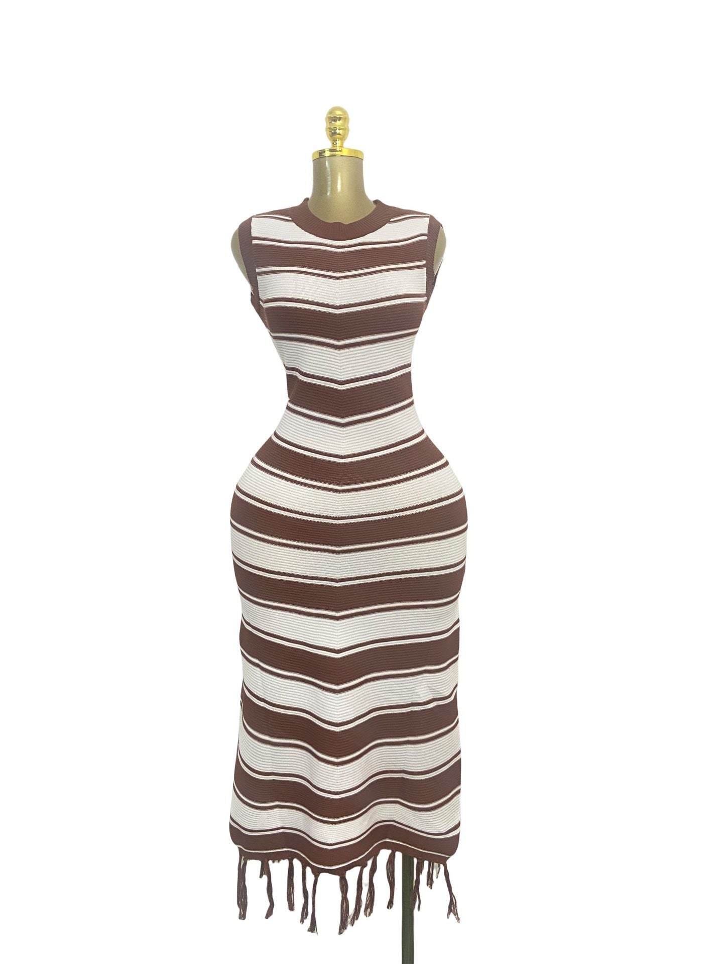 Tight Fitting Striped Tassel Sweater Dress Slim Fit Knit Fashionable Elegant Dress 3