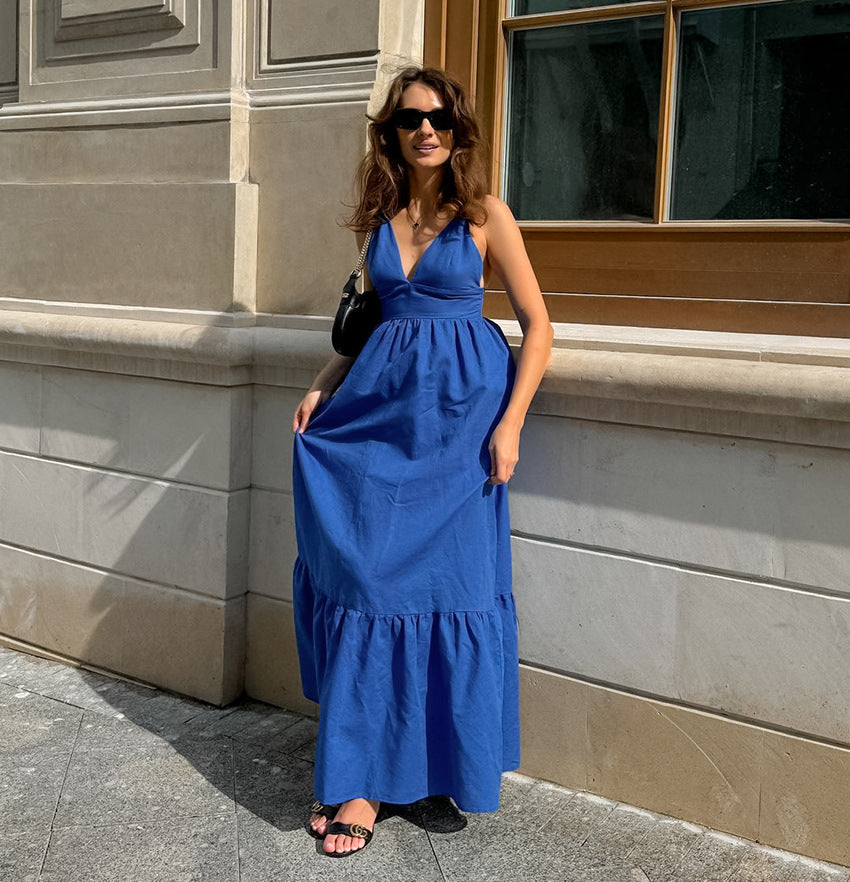Spring Summer Holidays Style Blue V Neck Strap Low Back Long Dress 3
