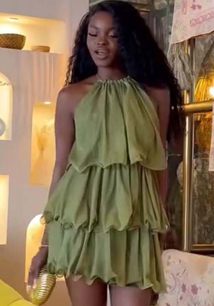 African Chic Sweet Halter Neck Sexy Sleeveless Solid Color Ruffled Mini Dress