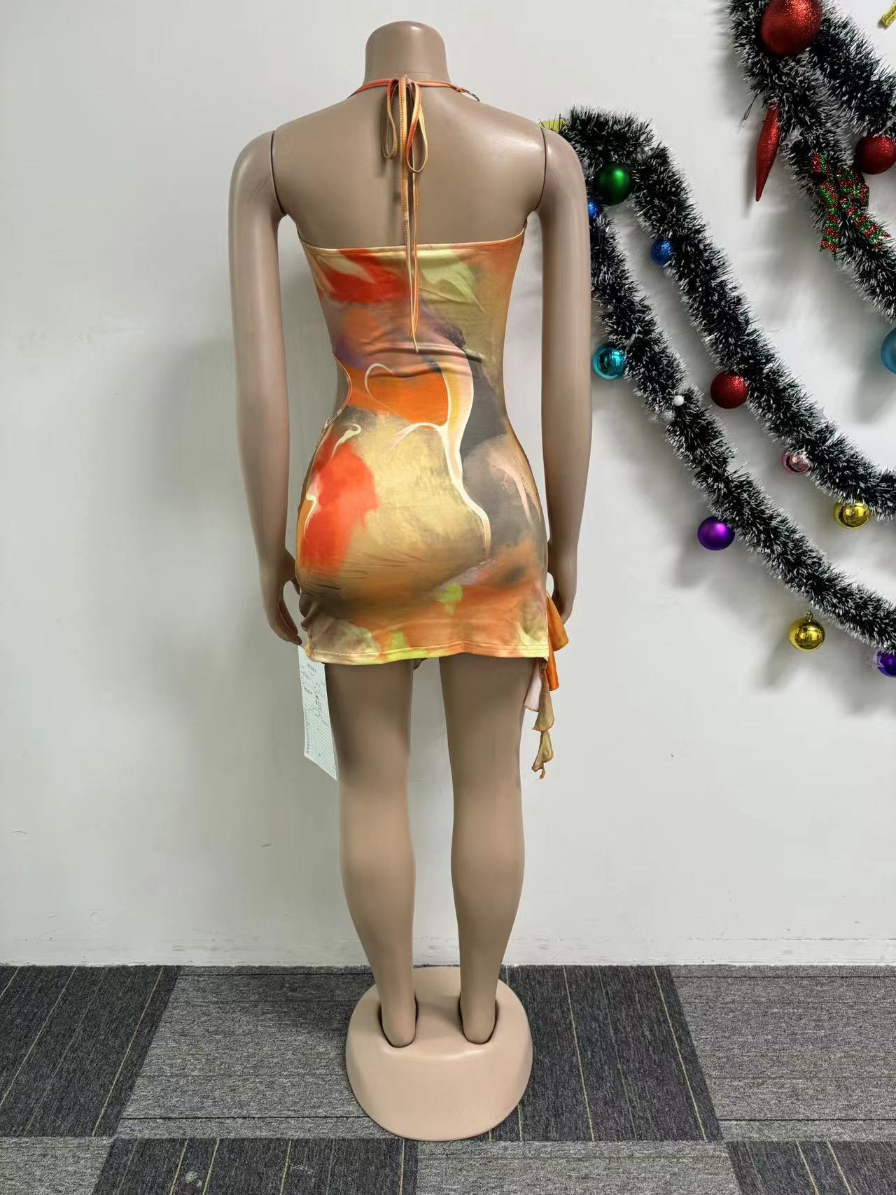 Women Sexy Printed Hollow Backless Halter Neck Lace Dress 8