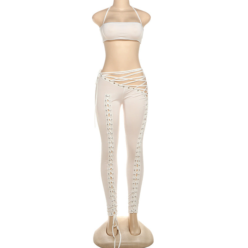 Women Fall Solid Halter Neck Lace-Up Top and Pants Two-piece Set 30