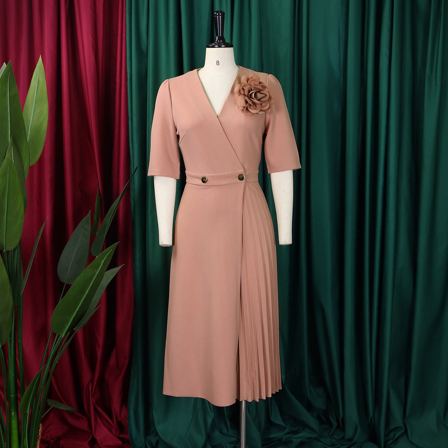 Women's Summer V-Neck Fashion Short Sleeve Solid Color Elegant Pleated African Dress 17