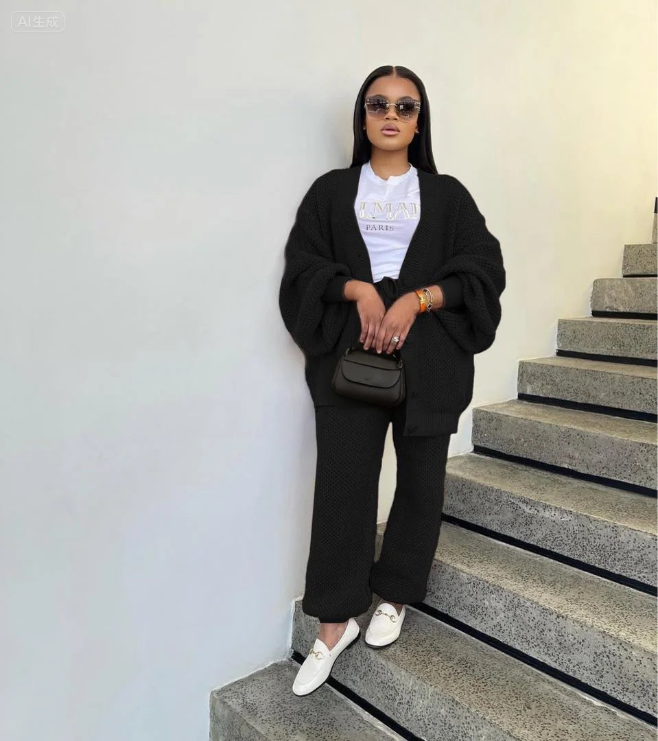 Casual Loose V-Neck Cardigan Pants Two-Piece Set