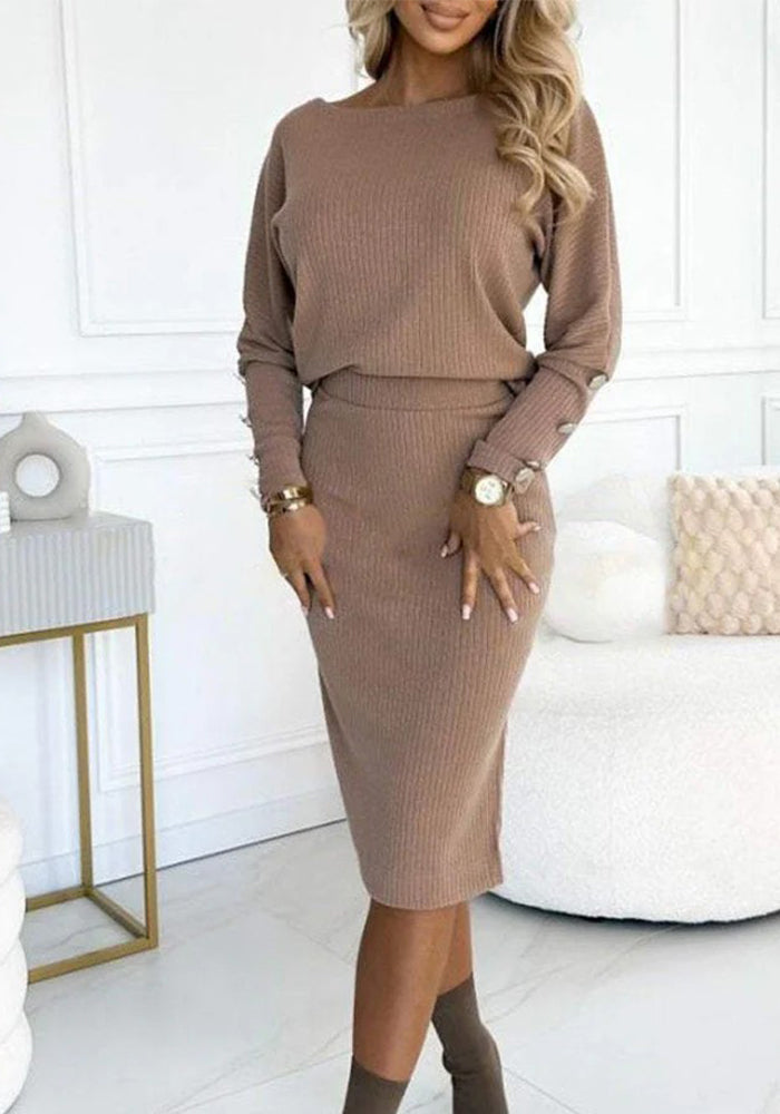 Women autumn and winter Round Neck Ribbed button Top and Skirt Two Piece Set