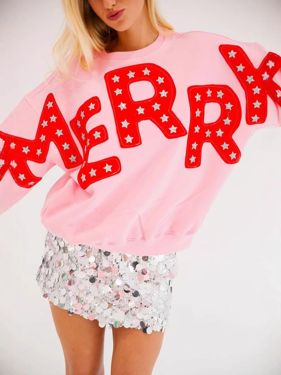 Women Casual Round Neck Letter Loose Long Sleeve Top 4