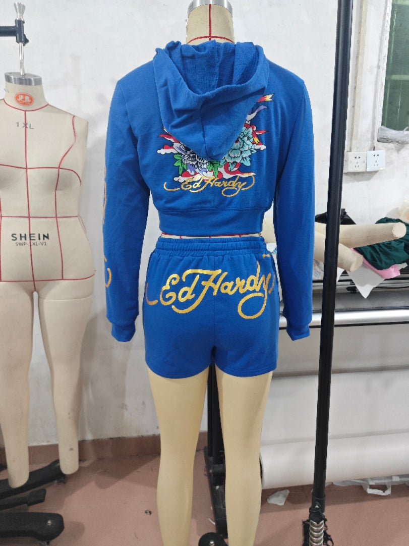 Trendy Printed Long-Sleeved Hoodies Shorts Two Piece Set 6