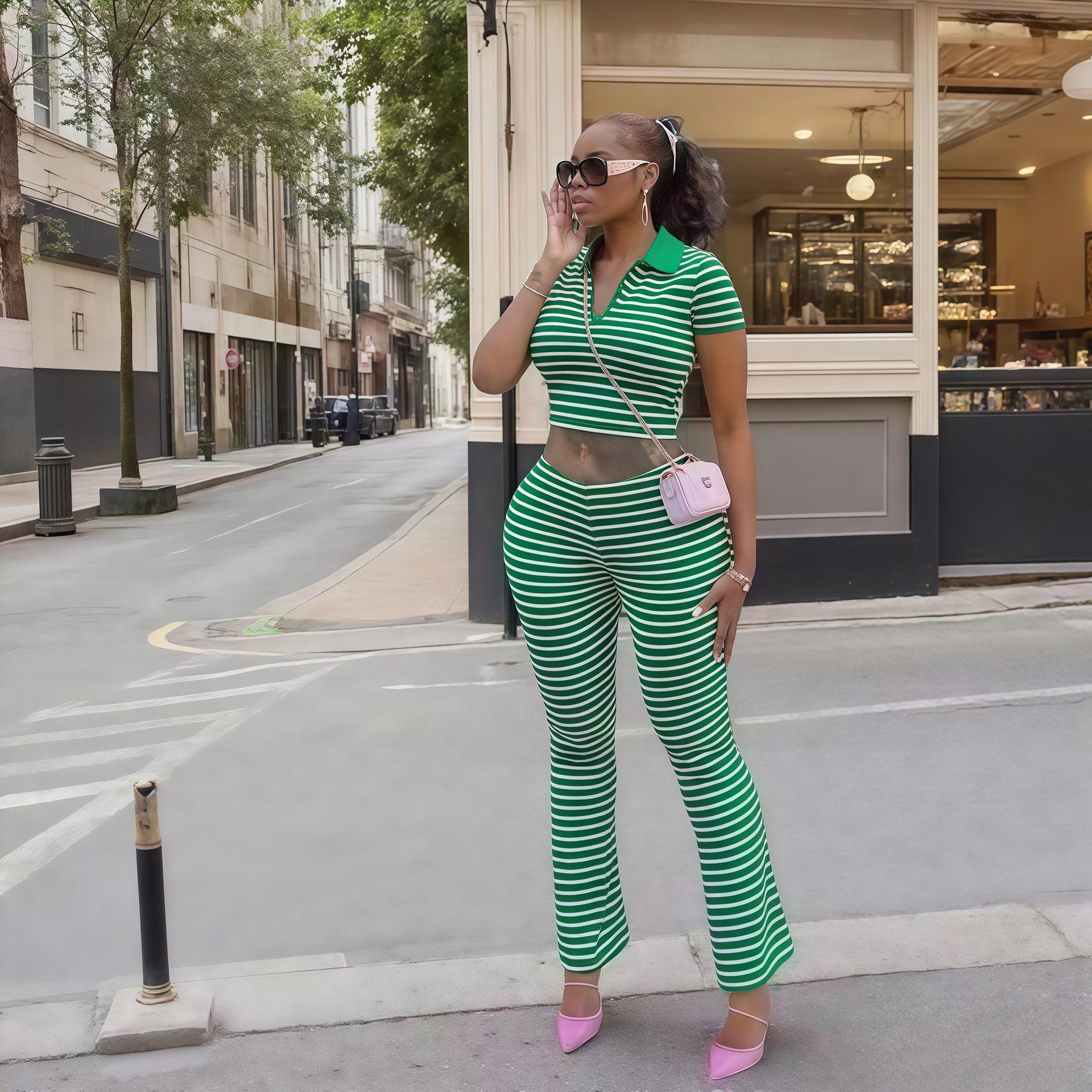 Fashion Turndown Collar Shirt & Striped Bell-Bottom Pants Summer Knit Set 4