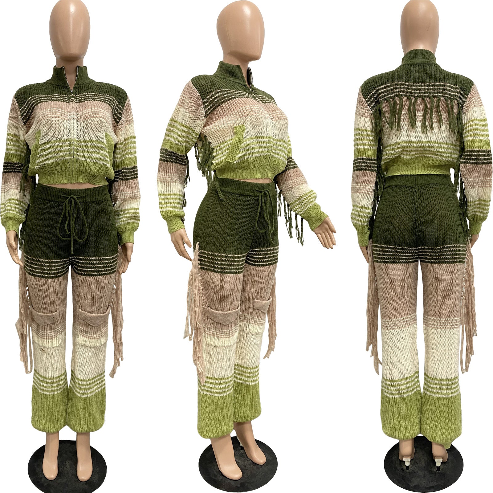 Women Casual Knitting Pocket Crochet Top and Pant Two-piece Set 5