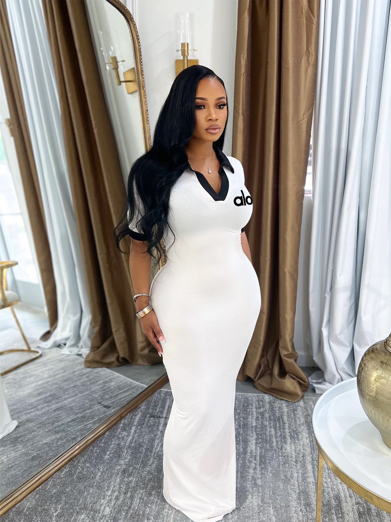 Women Retro Polo Collar Printed Maxi Dress