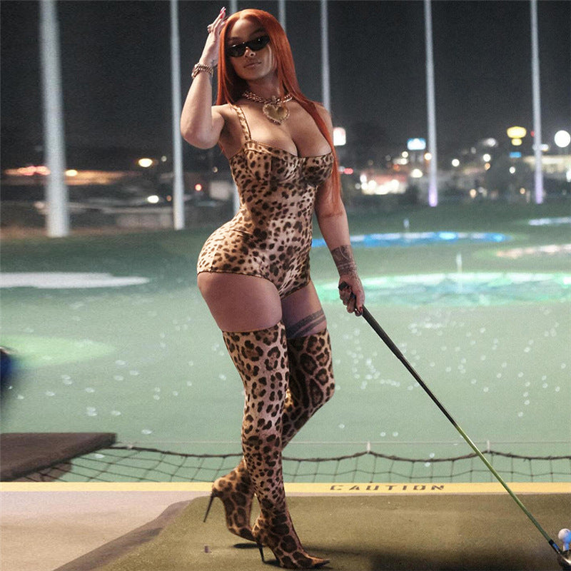 Women Sexy Contrast Leopard Round Neck Long Sleeve Jumpsuit 6