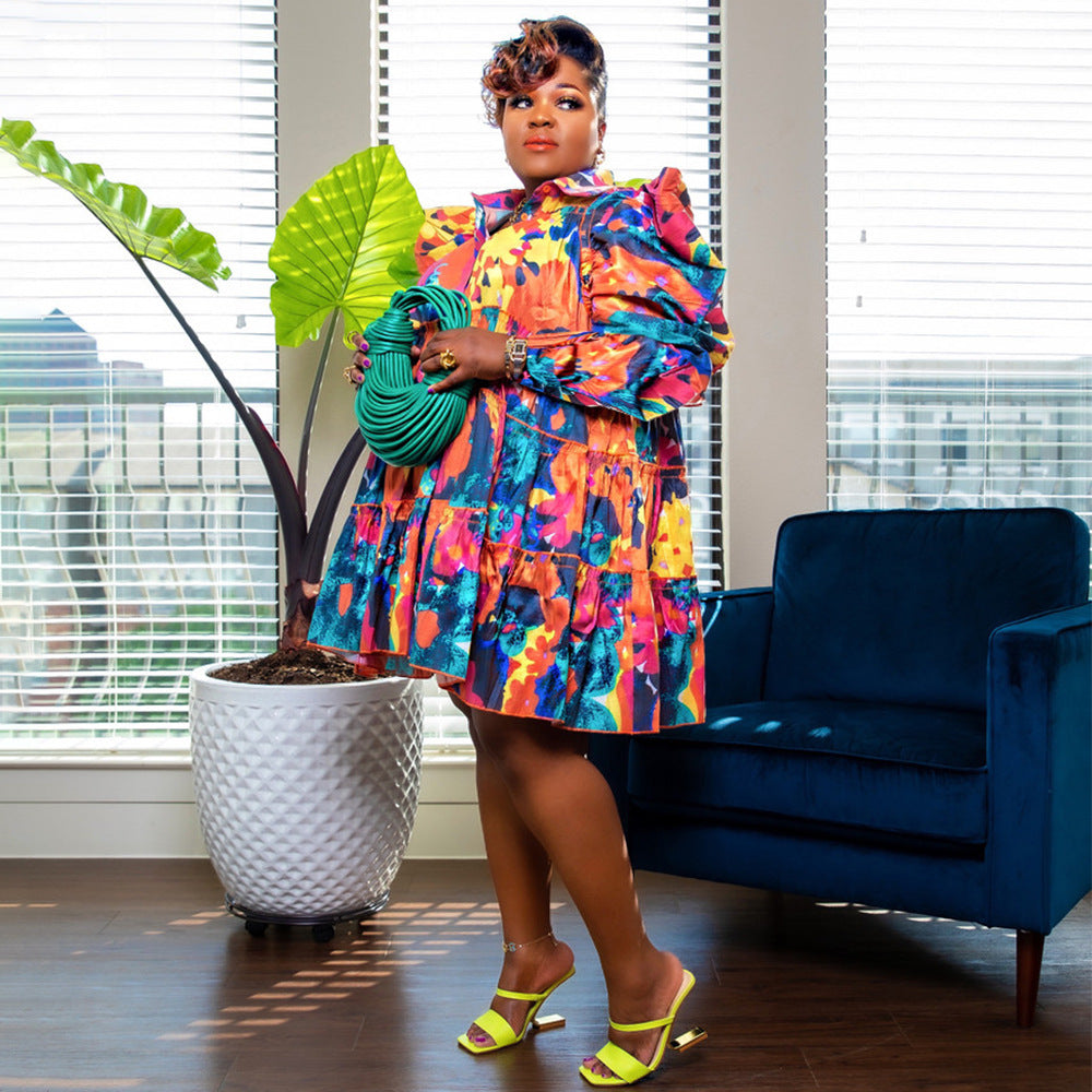 Plus Size Women's Fashion Print Ruffle Button Shirt Dress 13