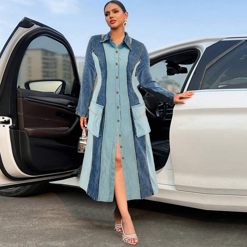 Plus Size Women's Denim Patchwork Turndown Collar Long Sleeve Long Dress 4