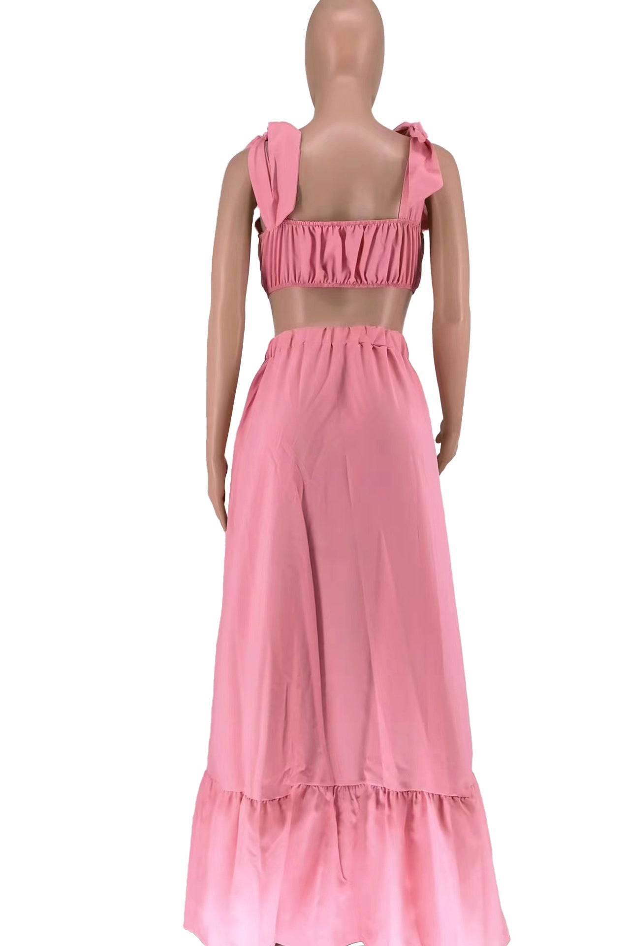 Women's Solid Color V-Neck Lace-Up Tank Top+Slit Long Skirt Two Piece Set 16