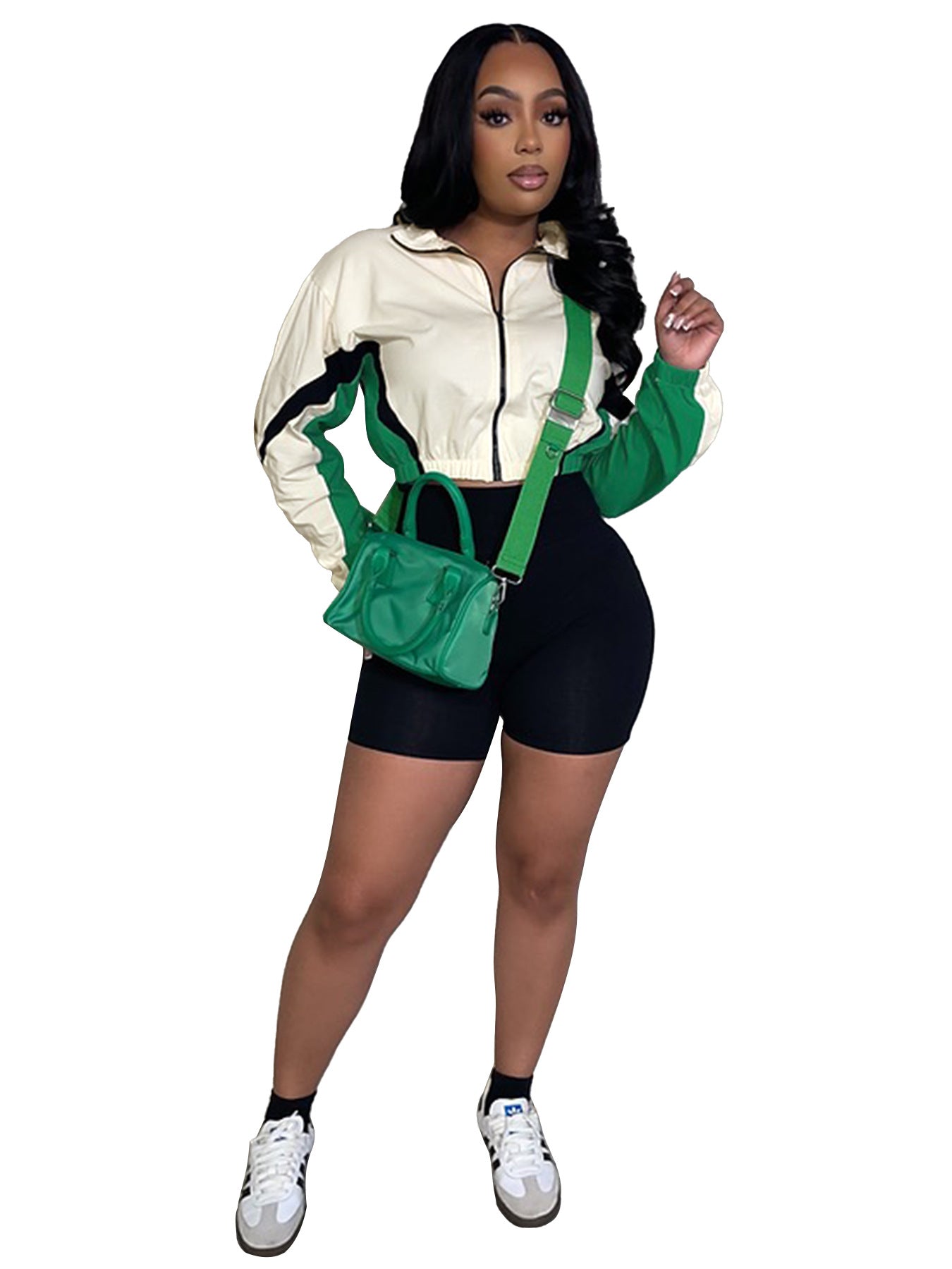 Women patchwork contrast color zipper long sleeve top and shorts sports two-piece set 5
