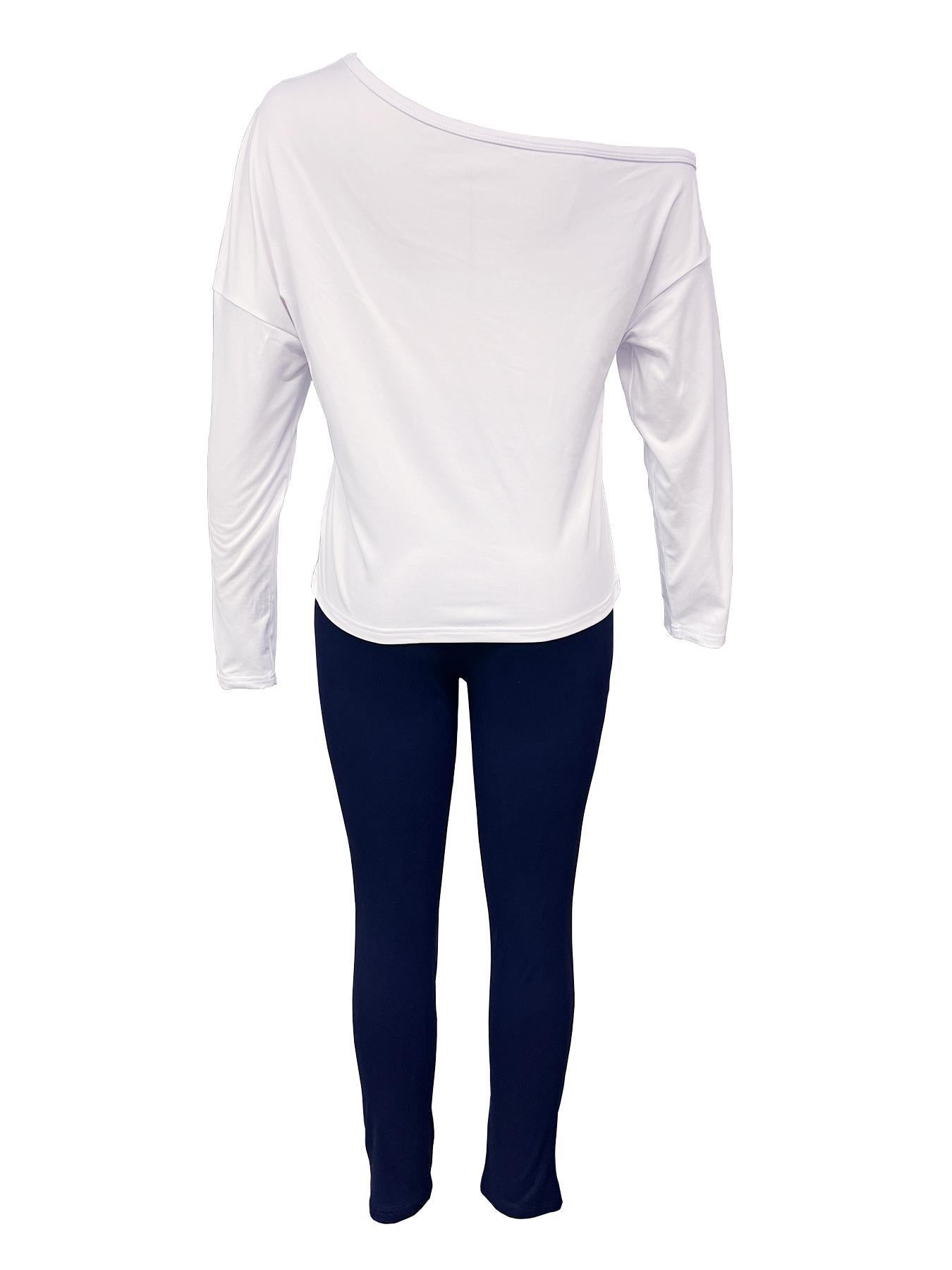 Spring Summer Fashion Contrast Slash Shoulder Casual Butterfly Decoration Long Sleeve Top Pants Two-Piece Set 7