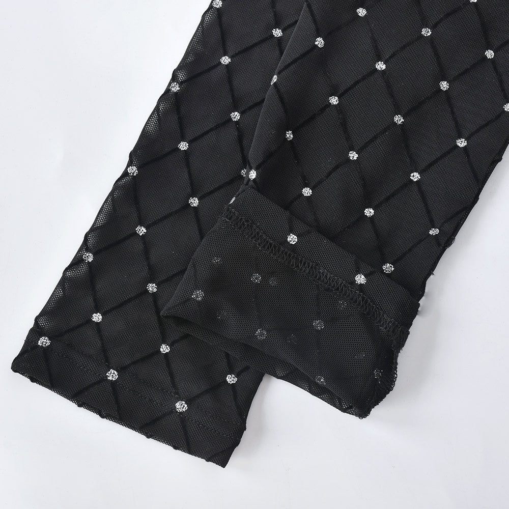 Women's Autumn Slit Stand Collar Slim-Fitting Patchwork Mesh Plaid Dress 11