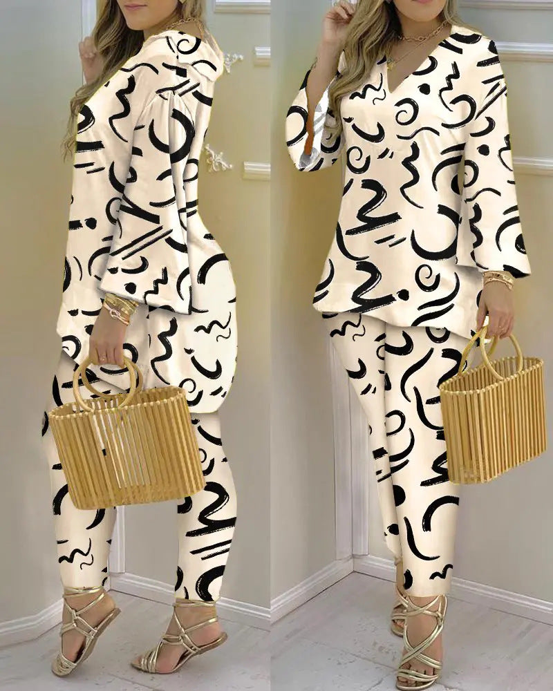 Spring Summer Print Fashion V-Neck Long Sleeve 2-Piece Pants Set 5