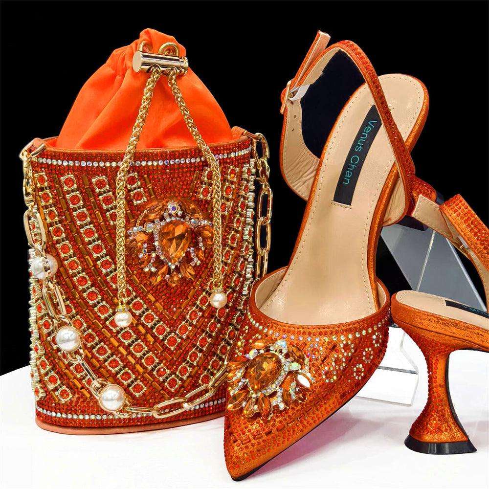 African Shoe And Bag Set Combination Pointed-Toe Ladies' Plus Size High-Heeled Wedding Shoes With Bucket Bags 22