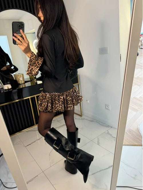 Women Spring Leopard Print Patchwork Bell Bottom Sleeve Mini Dress 6