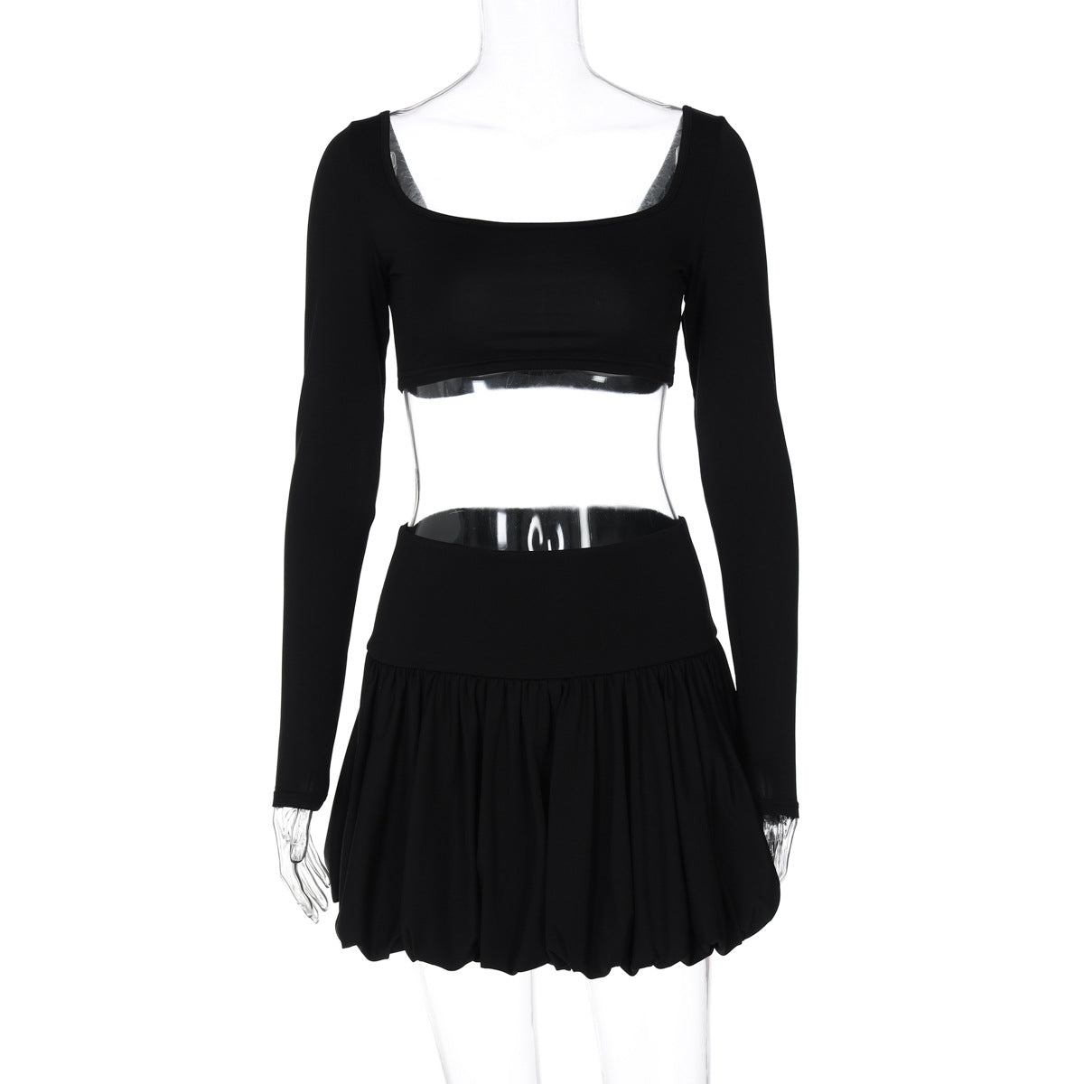 Women Long Sleeve Top and Pleated Skirt Winter Solid Sexy Two-piece Set 10