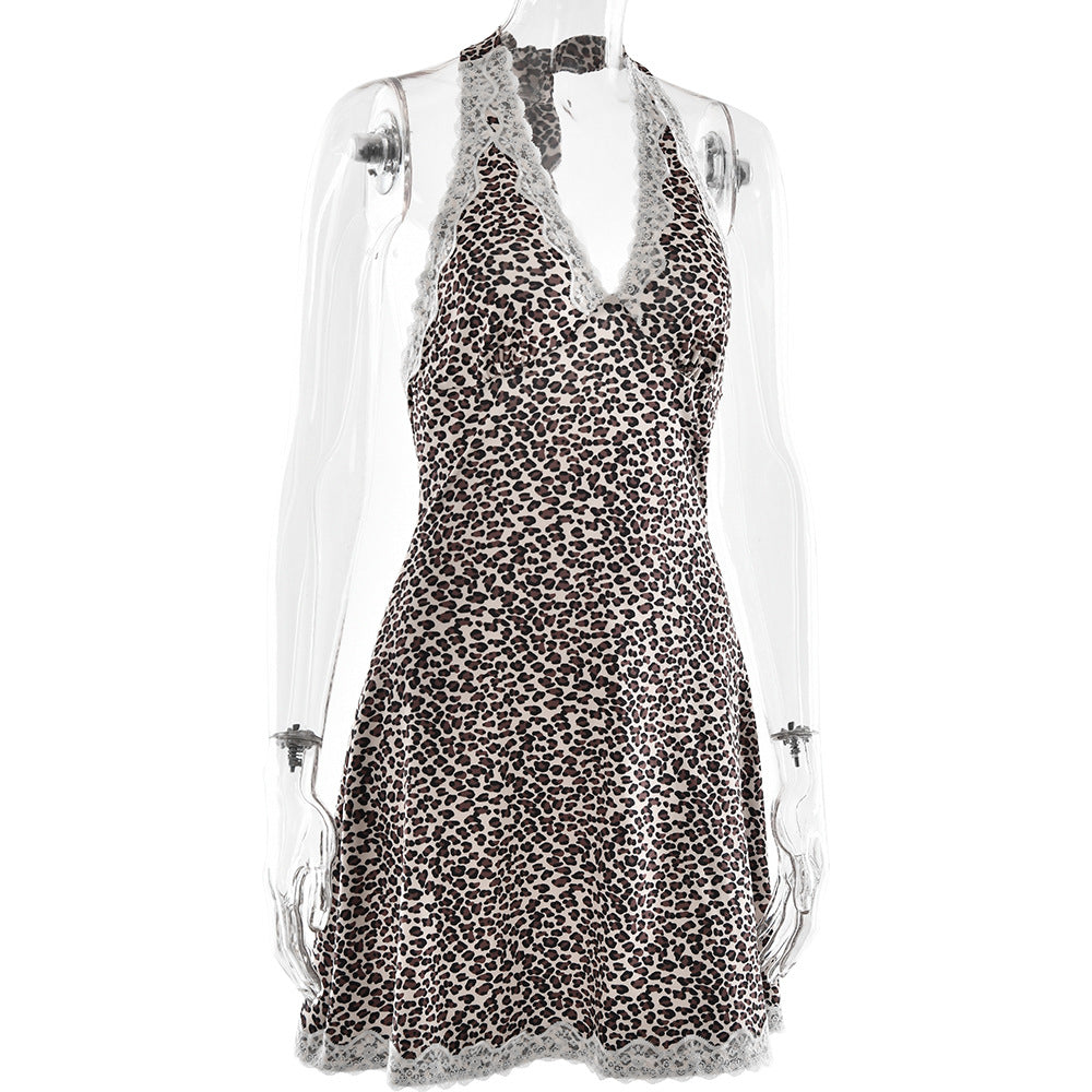 Spring Summer Leopard Print Low Back Lace Patchwork Halter Dress 7