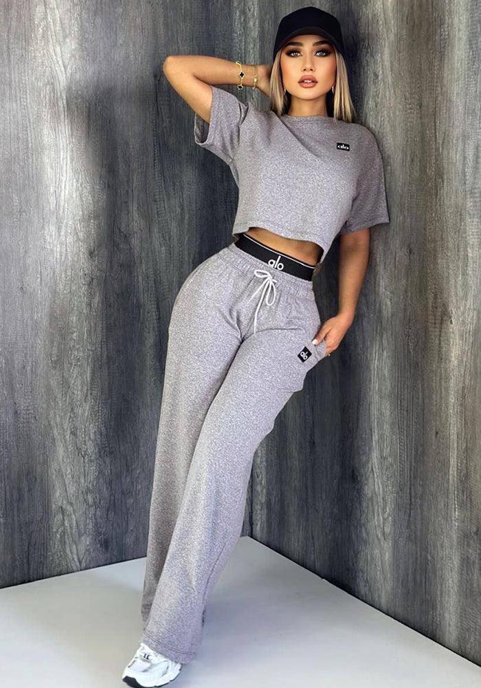 Fashion Casual Set Embroidered Letter Double Waistband High Waist Wide Leg Pants Set