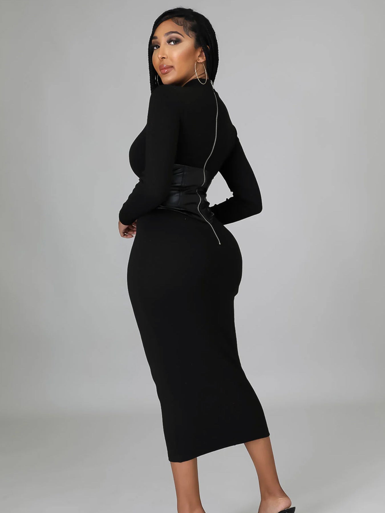 Women Round Neck Long Sleeve Patchwork Bodycon Dress 7