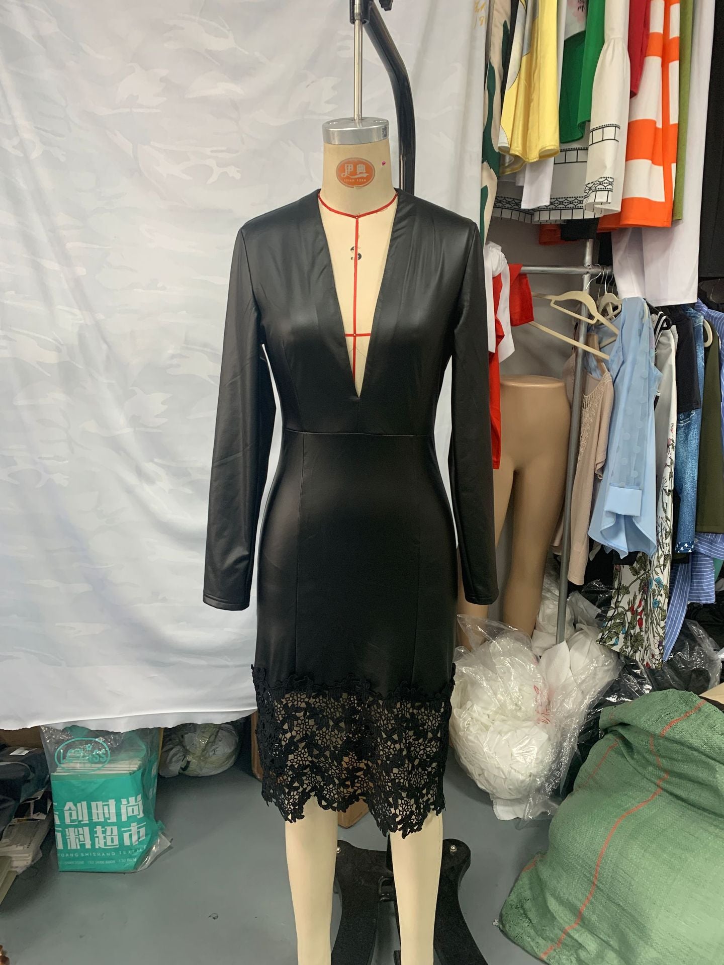 Women's pu Leather v-neck sexy long sleeve slim lace dress 7