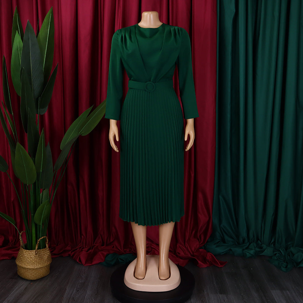 Plus Size African Women Chic Elegant Pleated Career Solid Dress 38