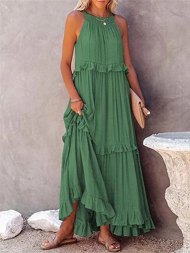 Summer Holidays Ruffle Long Dress Swing Elegant Beach Dress Women 12