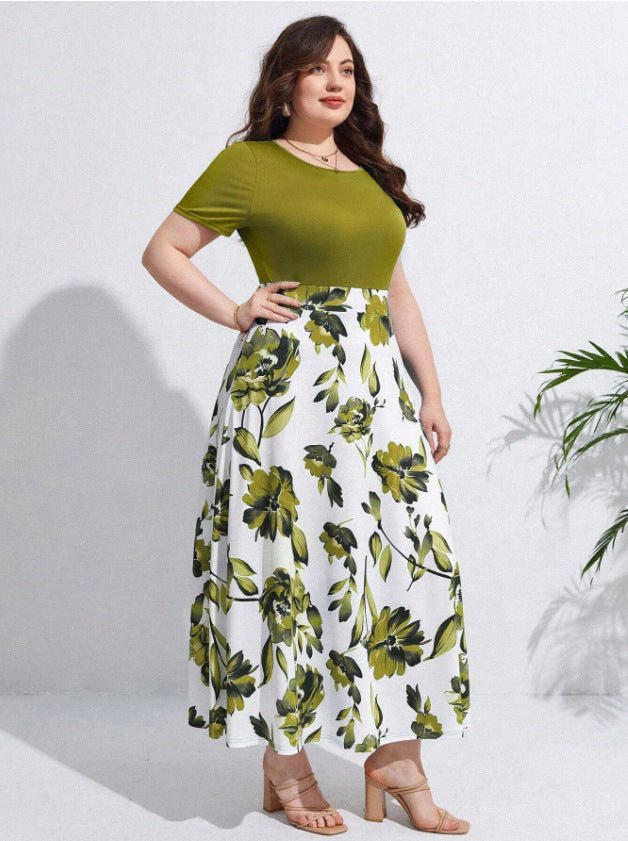 Color Block Print Short Sleeve A Line Plus Size Women's Dress 4