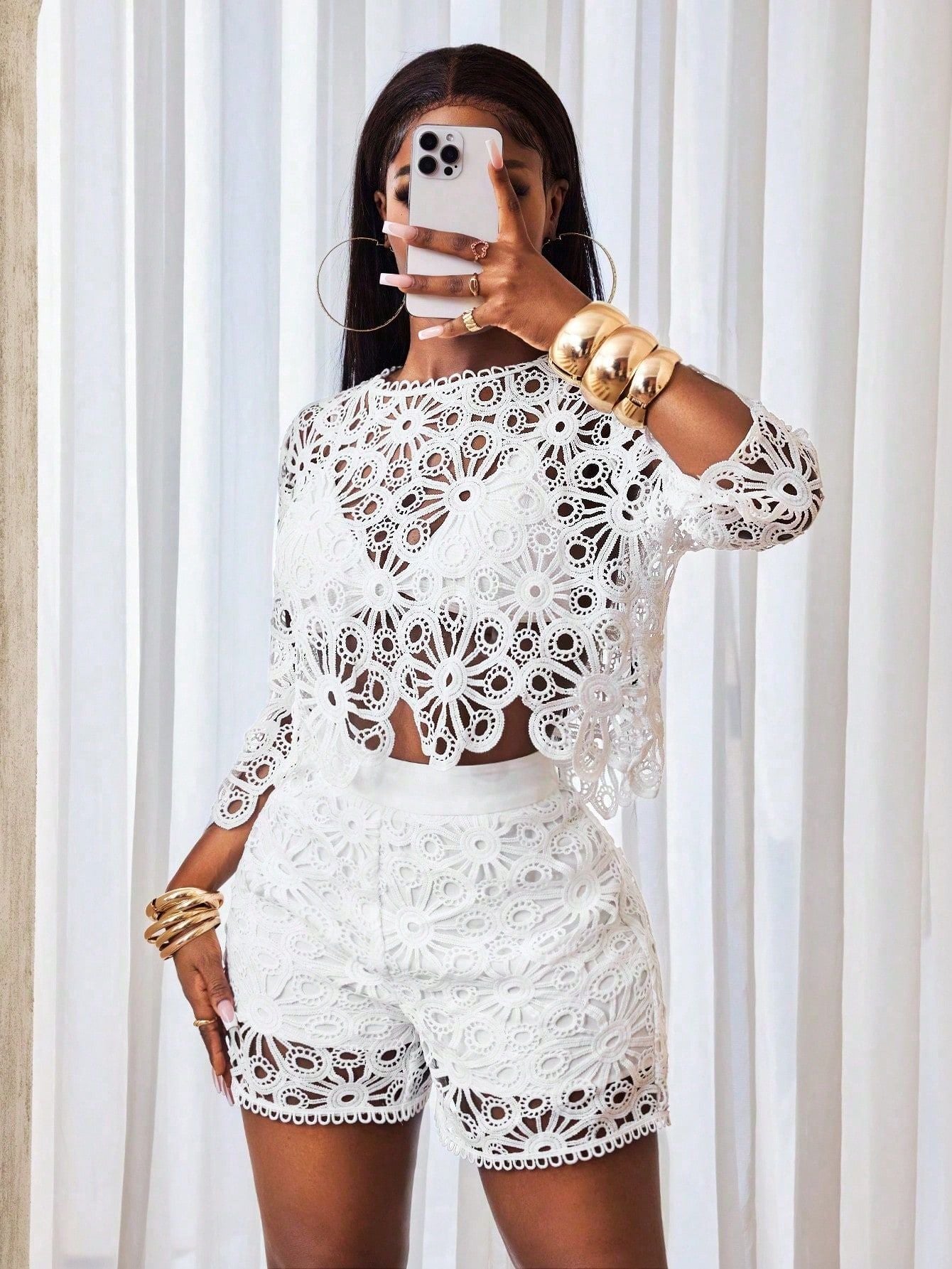 Women hollow crocheted short-sleeved round neck top and sexy see-through shorts two-piece set 4