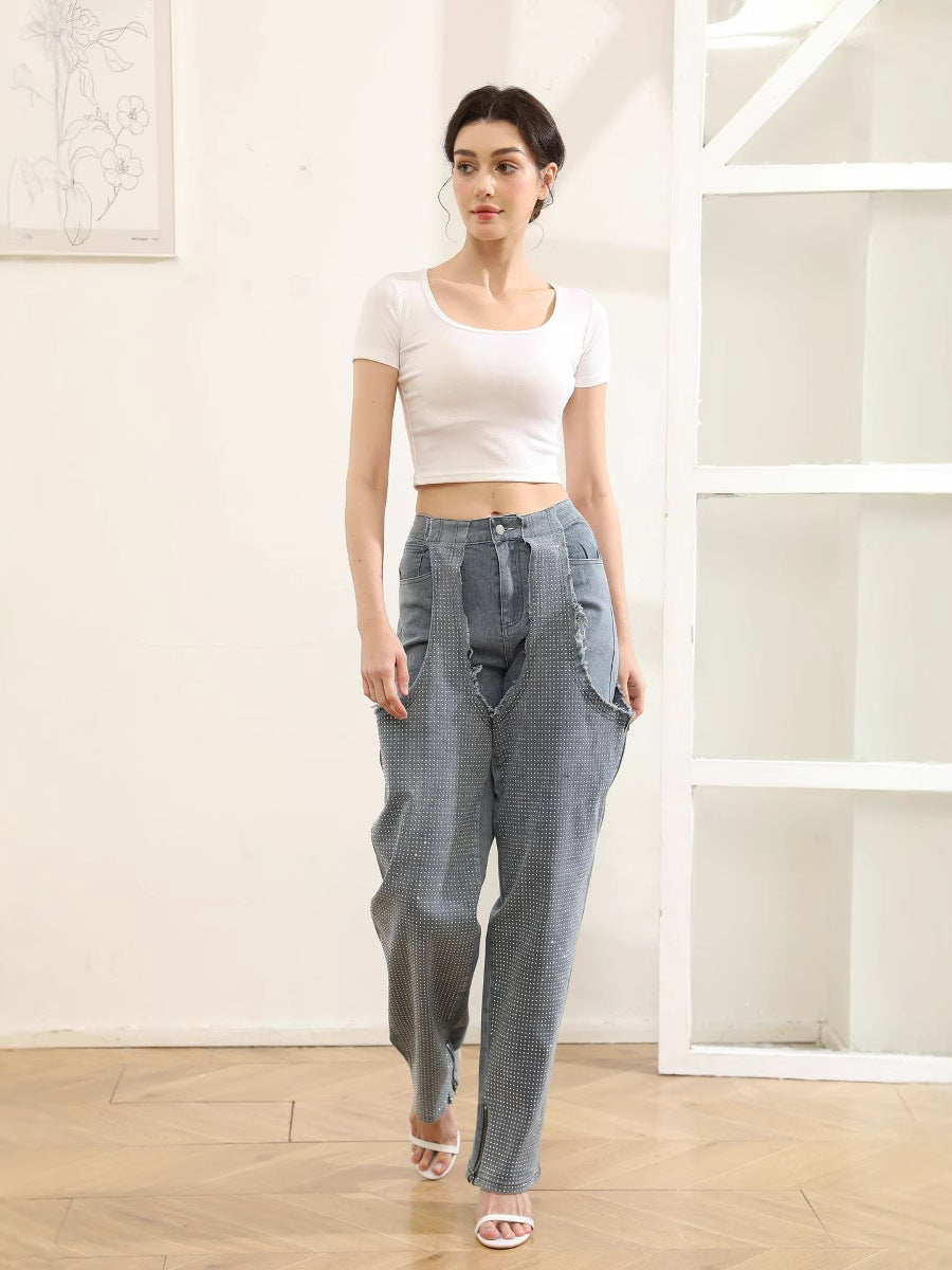 Fashion Irregular hollow Patchwork zipper Beaded elastic Denim pants 4