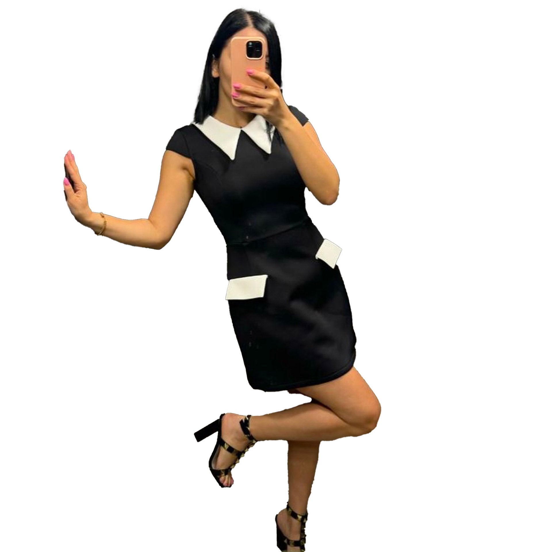 Chic Turndown Collar Short Sleeve Mini Dress 8