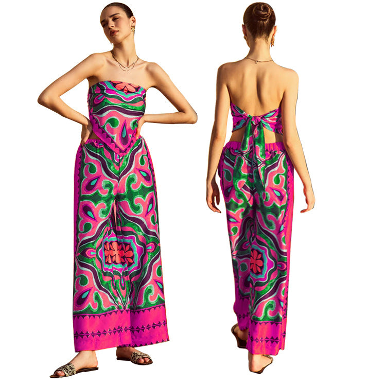 Women's Printed Strapless Wide Leg Pant Two-Piece Set 7